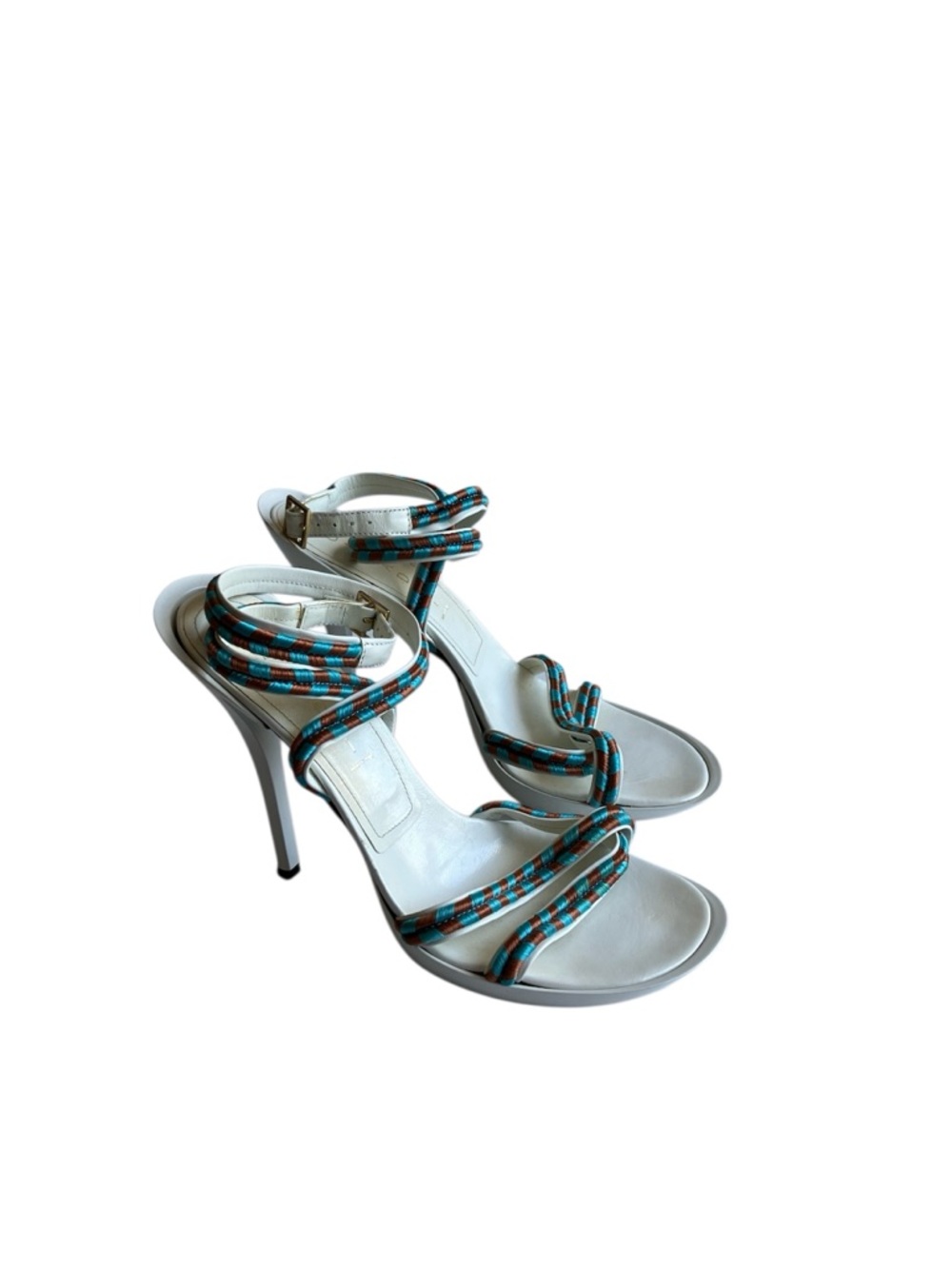 Casadei White High Heels Strappy Sandals Size 10 Teal Brown Braided Stilettos